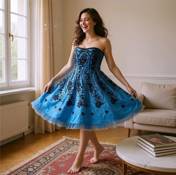Morgan & Co. Strapless Dress–Blue w/ Black Flocked Floral, Lace-Up Back, Layers - Picture 1 of 16